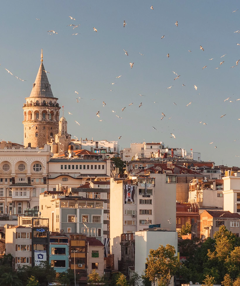 De Galatatoren boven de daken van Istanbul in de avondzon